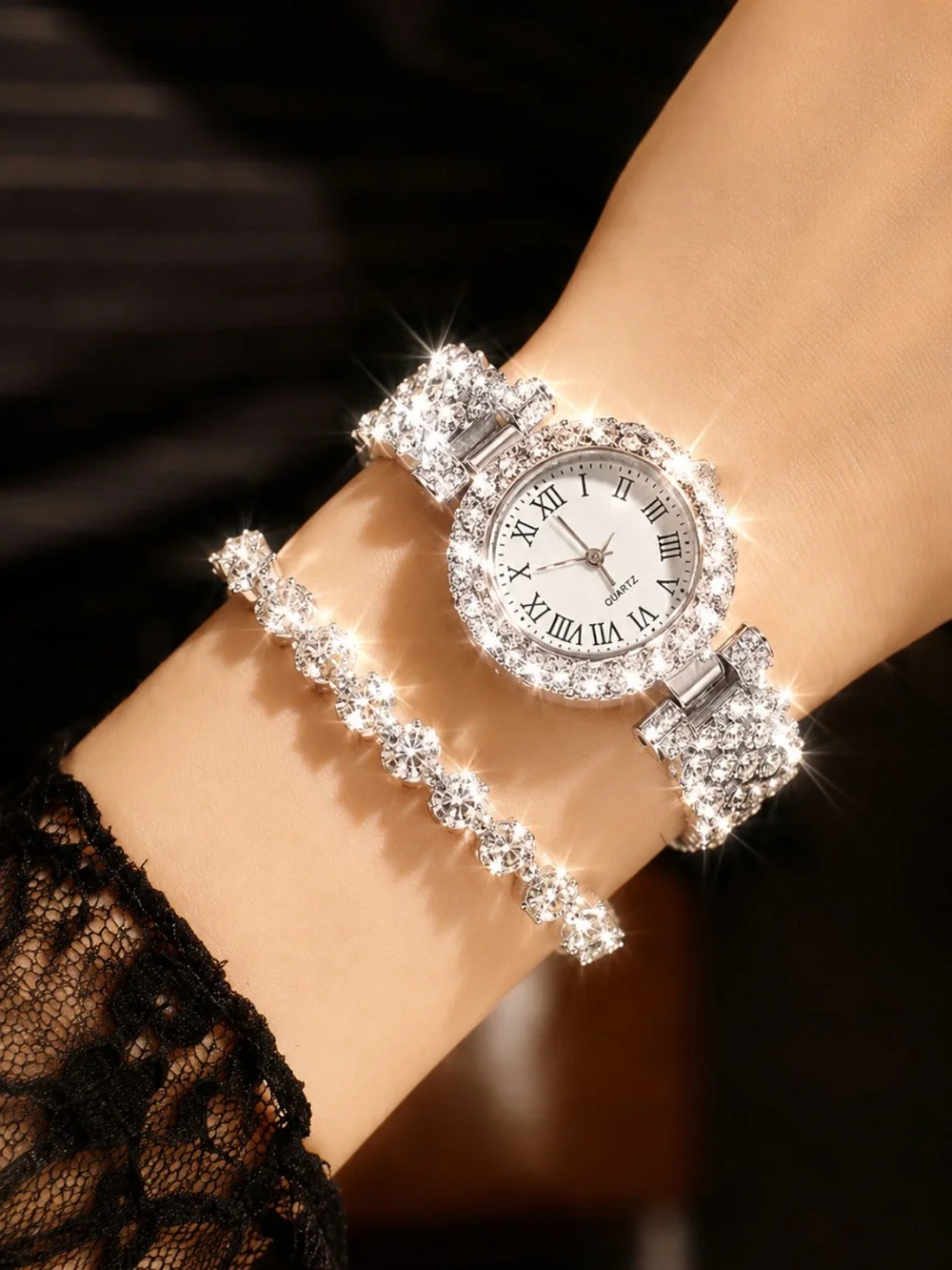 Iced Out Watch & Bracelet Set Simulated Diamond VVS Stainless Steel Dainty Shiny